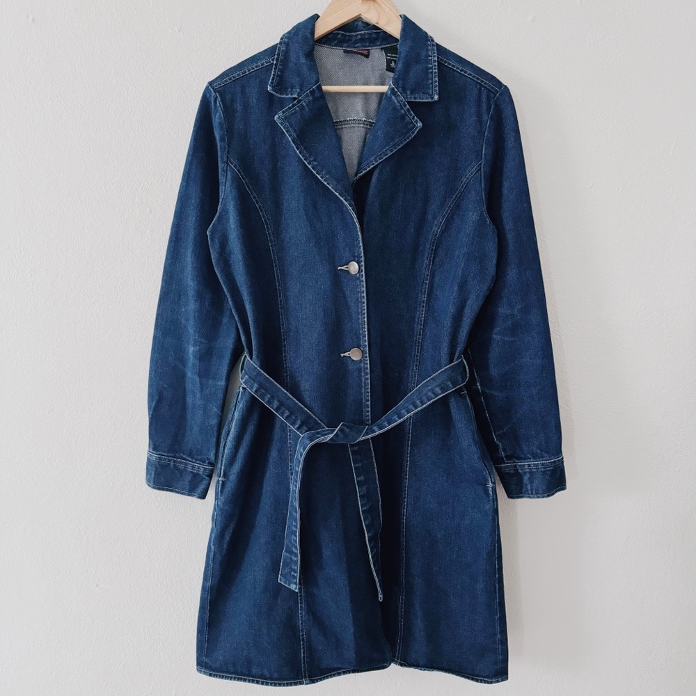 90s/Y2K VINTAGE BELTED DENIM TRENCH JACKET